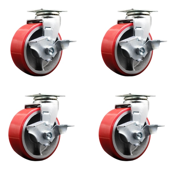 5 Inch Red Poly on Cast Iron Swivel Caster Set with Ball Bearings and Brakes